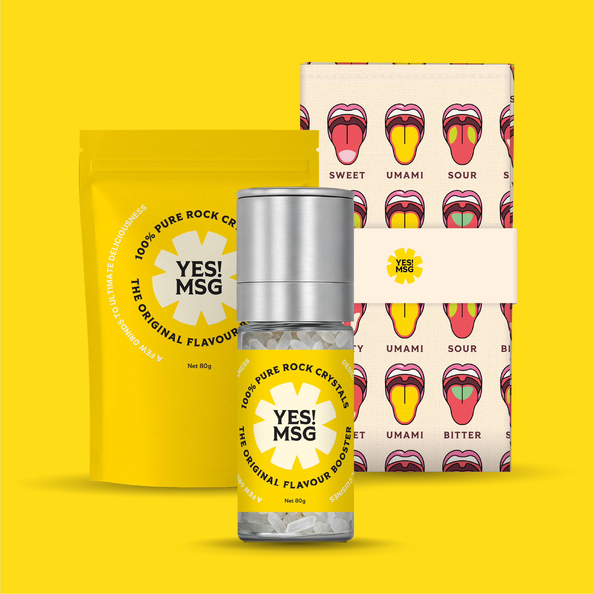 YES! MSG Grinder + Refill + 5 Tastes Tea Towel
